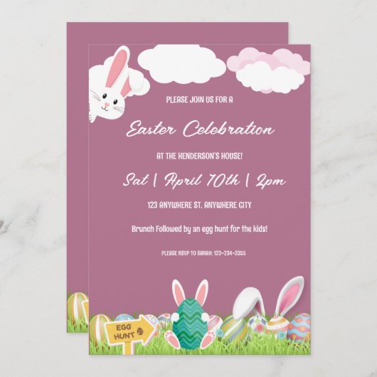 Pink Bunny und Eier Osterbrunch und Eierjagd Einladung (Vorne/Hinten)