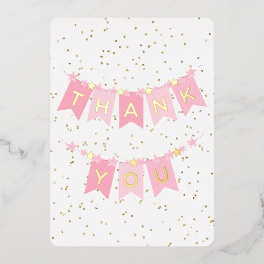 Pink Bunting Flags Gold Foil Danke Karte (Vorderseite)