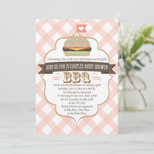 Pink Burger Paare GRILLEN Babydusche Einladungen (Stehend Vorderseite)