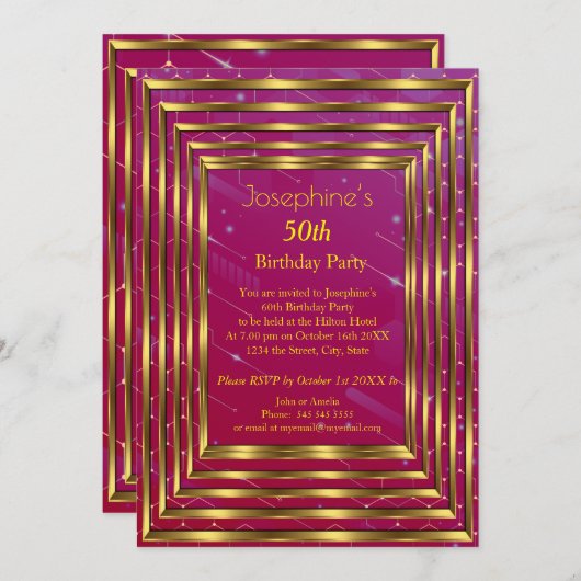 Pink Burgund 50. Geburtstagsparty Gold Einladung (Vorne/Hinten)