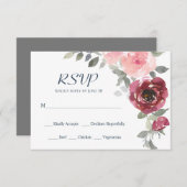 Pink Burgund Blume Grüne Wasserfarbenhochzeit RSVP Karte (Vorne/Hinten)