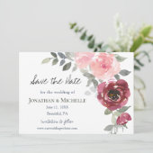 Pink Burgund Blume Grüne Wasserfarbenhochzeit Save The Date (Stehend Vorderseite)