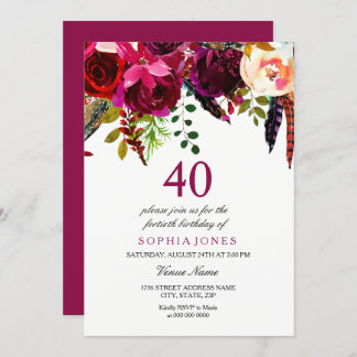 Pink & Burgund Boho Floral 40. Geburtstags-Party Einladung