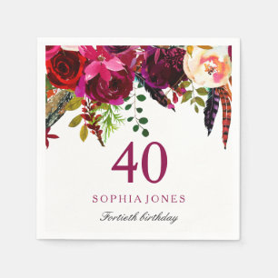 Pink & Burgund Boho Floral 40. Geburtstags-Party Serviette