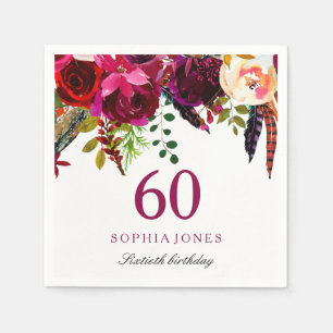Pink & Burgund Boho Floral 60. Geburtstagsparty Serviette