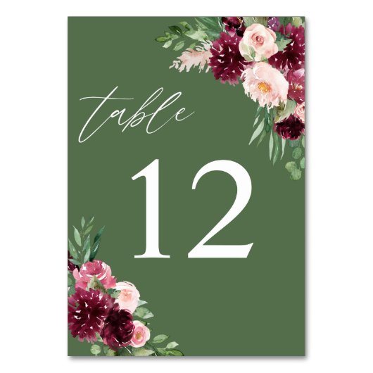 Pink & Burgund Floral 7 - Grün Tischnummer (Vorderseite)