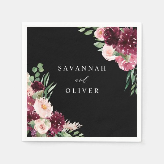 Pink & Burgund Floral 7 Name - Black Napkins Serviette (Vorderseite)