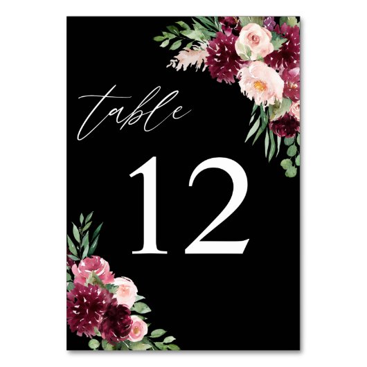 Pink & Burgund Floral 7 - Schwarz Tischnummer (Vorderseite)