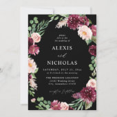 Pink & Burgund Floral 7 Wedding - Schwarz Einladung (Vorderseite)