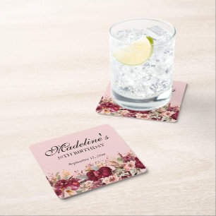 Pink Burgund Floral Women's 50. Geburtstag Rechteckiger Pappuntersetzer