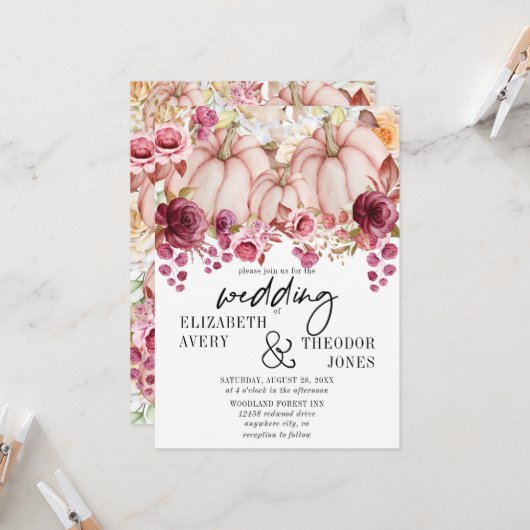 Pink Burgund Herbst Hochzeitskürbis Einladung (Vorderseite/Rückseite Beispiel)