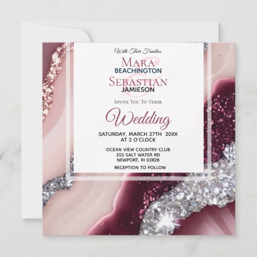 *~* PINK BURGUNDY Agate UAWG QR AR66 Wedding Einladung (Vorderseite)