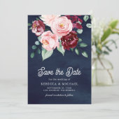 Pink Burgundy Blues Foto Navy Blue Wedding Save The Date (Stehend Vorderseite)