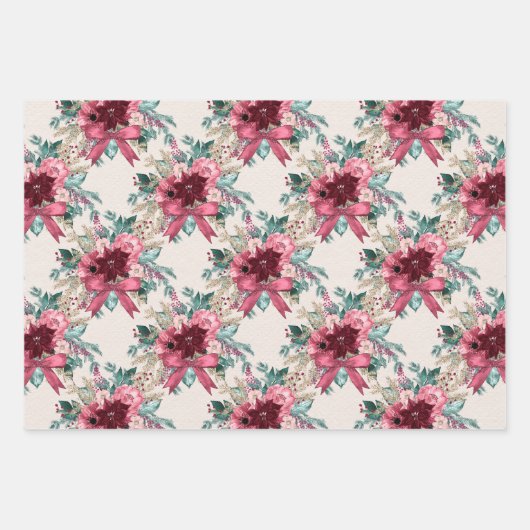 PINK BURGUNDY CHRISTMAS WATERCOLOR BLUME GESCHENKPAPIER SET (Vorderseite 2)