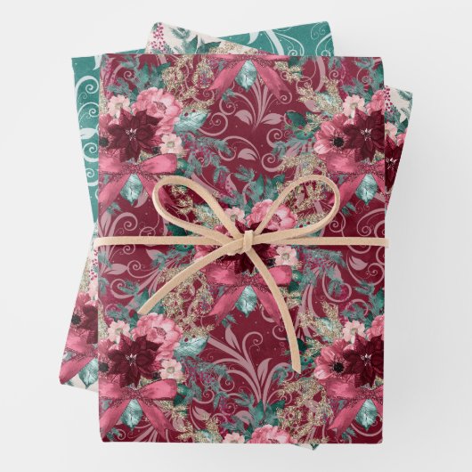 PINK BURGUNDY CHRISTMAS WATERCOLOR BLUME GESCHENKPAPIER SET (Beispiel)