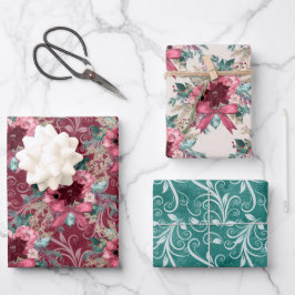 PINK BURGUNDY CHRISTMAS WATERCOLOR BLUME GESCHENKPAPIER SET