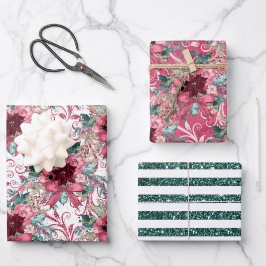 PINK BURGUNDY CHRISTMAS WATERCOLOR BLUME GESCHENKPAPIER SET (Vorderseite)
