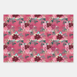 PINK BURGUNDY CHRISTMAS WATERCOLOR BLUME GESCHENKPAPIER SET