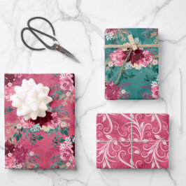 PINK BURGUNDY CHRISTMAS WATERCOLOR BLUME GESCHENKPAPIER SET
