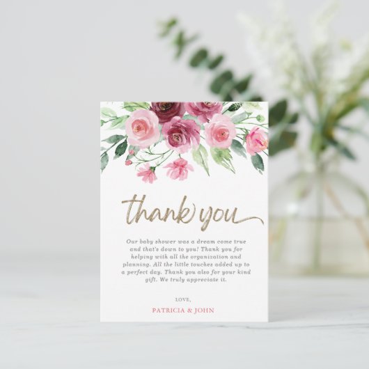 Pink Burgundy Floral Girl Babydusche Danke Postkarte (Stehend Vorderseite)