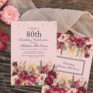 Pink Burgundy Floral Gold Glitzer 80. Geburtstag Einladung