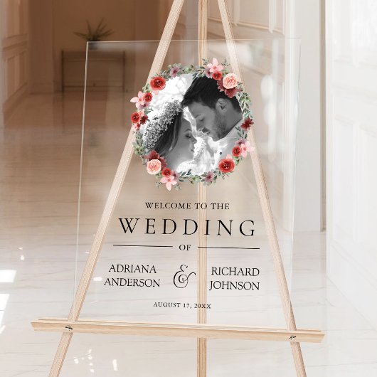 Pink Burgundy Floral Photo Wedding Welcome Sign Acrylschild