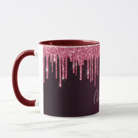 Pink burgundy Glitzer Tropfen Namensskript Tasse (Links)