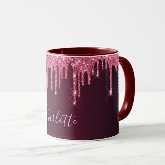 Pink burgundy Glitzer Tropfen Namensskript Tasse (VorderseiteRechts)