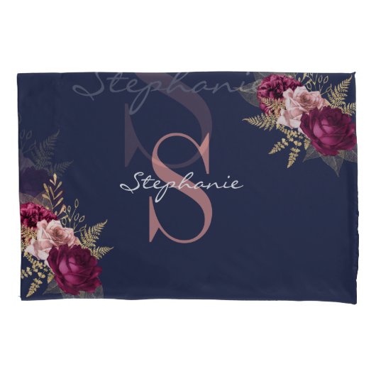Pink Burgundy Gold Floral Monogram Individuelle Na Kissenbezug (Vorderseite)