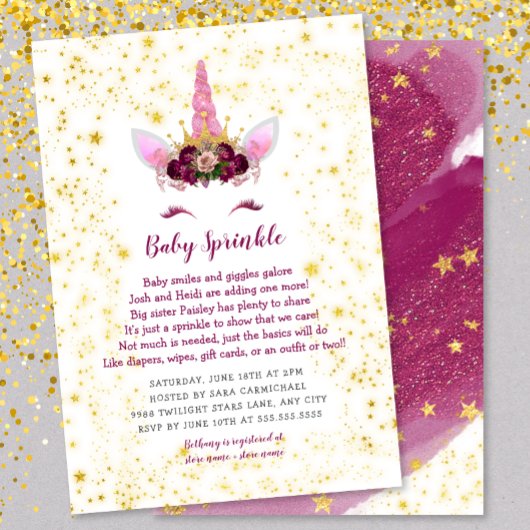 Pink Burgundy Gold Unicorn Baby Sprinkle Einladung