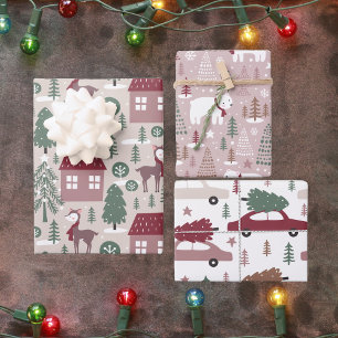 Pink Burgundy Green Christmas Geschenkpapier Set
