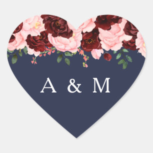 Pink Burgundy Rose Bloral Navy Blue Wedding Herz-Aufkleber