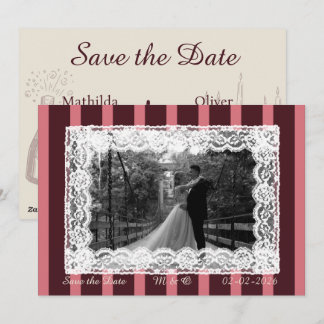 Pink &Burgundy Thin Stripe Vintage Lace Invitation Einladung