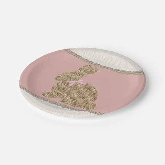 Pink & Burlap Rustic Bunny Oaster Baby Dusche Pappteller (Schrägansicht)