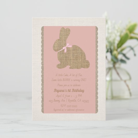 Pink & Burlap Rustikaler Sonnenstuhl Ostern 1. Geb Einladung (Stehend Vorderseite)