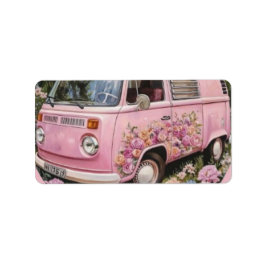 Pink Bus Beach Wall Art, Retro Van Print Californa Adressaufkleber