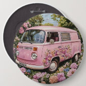 Pink Bus Beach Wall Art, Retro Van Print Californa Button (Vorne & Hinten)