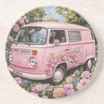 Pink Bus Beach Wall Art, Retro Van Print Californa