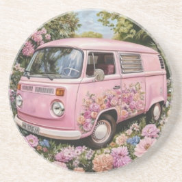 Pink Bus Beach Wall Art, Retro Van Print Californa Getränkeuntersetzer