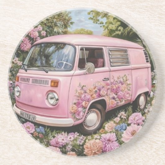 Pink Bus Beach Wall Art, Retro Van Print Californa Getränkeuntersetzer (Vorne)
