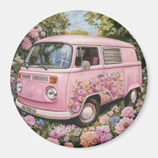 Pink Bus Beach Wall Art, Retro Van Print Californa Magnet (Vorne)