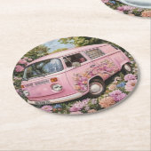 Pink Bus Beach Wall Art, Retro Van Print Californa Runder Pappuntersetzer (Angewinkelt)