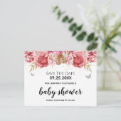 Pink Butterfells Floral Baby Dusche Save the Date Postkarte (Stehend Vorderseite)