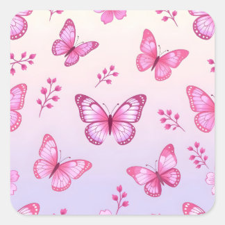 Pink butterflies and flowers pattern quadratischer aufkleber