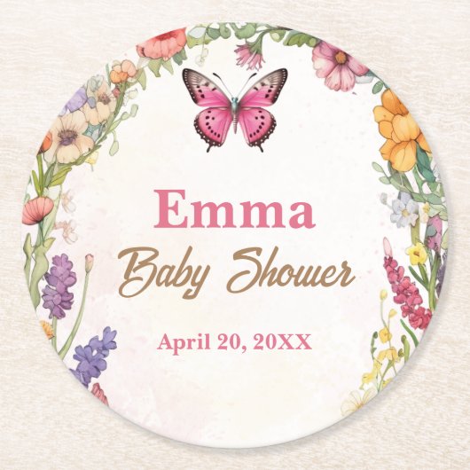 Pink Butterflies Babydusche Blumengarten Runder Pappuntersetzer (Vorderseite)