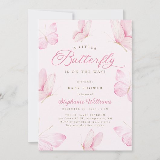 Pink Butterflies Babydusche Einladung (Vorderseite)