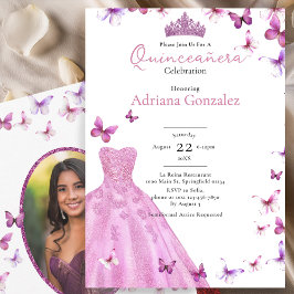 Pink Butterflies Dress and Tiara Photo Quinceanera Einladung