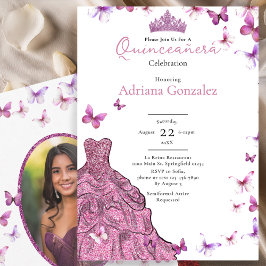 Pink Butterflies Dress and Tiara Photo Quinceanera Einladung