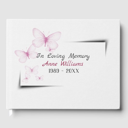 Pink Butterflies On White for Memorial Service Gästebuch (Vorderseite)