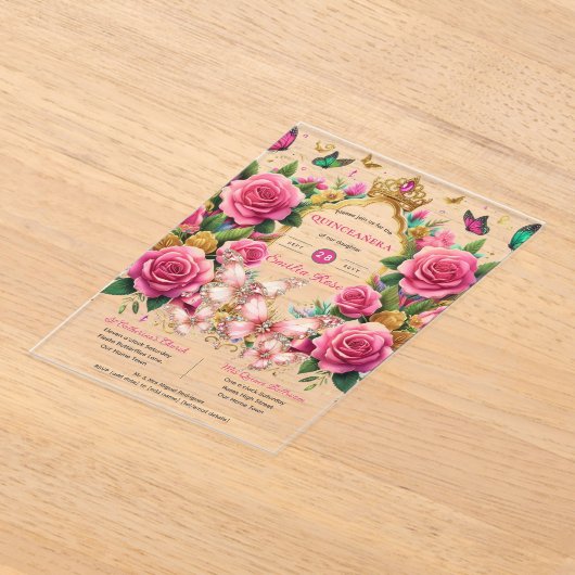 Pink Butterflies QUINCEANERA Tiara Rose Acryleinladungen (Ablage )